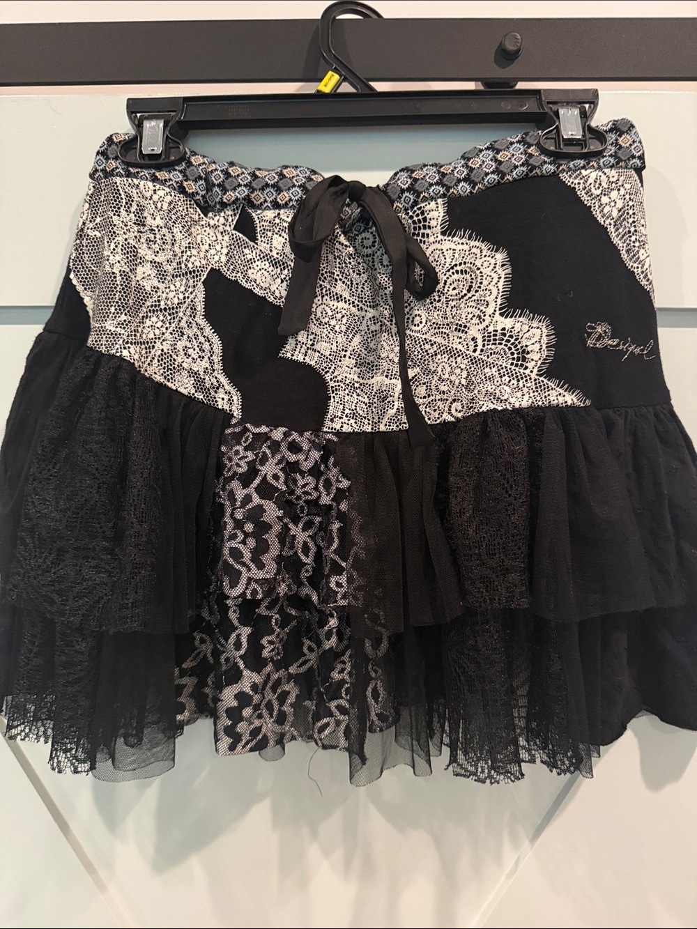 Desigual Black Lace Tiered Mini Skirt with Tie Waist